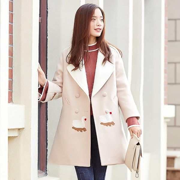 women's wool & blends autumn and winter embroidered coat korean edition mid-long student fashion, Black
women's wool & blends autumn and winter embroidered coat korean edition mid-long student fashion, Black