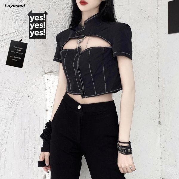 women's t-shirt black gothic lady irregular short length t shirt stand neck girl hollow out bust tshirt single breasted summer goth top, White
women's t-shirt black gothic lady irregular short length t shirt stand neck girl hollow out bust tshirt single breasted summer goth top, White