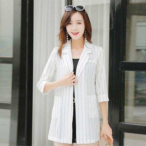 women's suits & blazers autumn long single breasted striped femme casual notched simple coats women thin slim outwear, White;black
women's suits & blazers autumn long single breasted striped femme casual notched simple coats women thin slim outwear, White;black