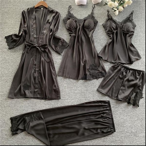 5 pieces pajamas sets women sleepwear silk robe satin lace nightwear pyjama strap sleep lounge pijama bathrobe, Black;red
5 pieces pajamas sets women sleepwear silk robe satin lace nightwear pyjama strap sleep lounge pijama bathrobe, Black;red