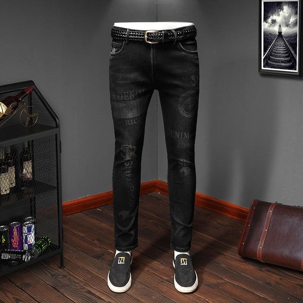 spring and summer trend men's personality printed jeans slim feet youth fashion black trousers, Blue
spring and summer trend men's personality printed jeans slim feet youth fashion black trousers, Blue