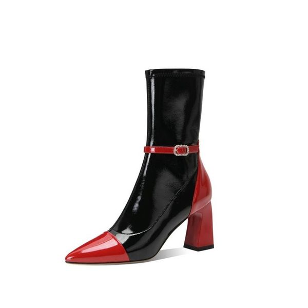 boots fashion calf shoes winter pointed high heels ladies leather elegant zipper stretch boots, Black