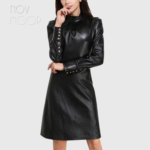 novmoop high street women black a-shape full sleeve skeepkin genuine leather dress with button decor robe en cuir vestido lt2891 casual dres, Black;gray
novmoop high street women black a-shape full sleeve skeepkin genuine leather dress with button decor robe en cuir vestido lt2891 casual dres, Black;gray