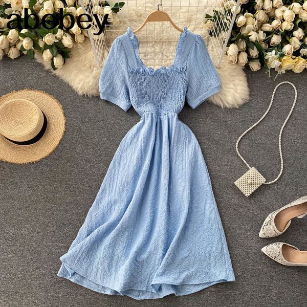 women korean solid dress summer sweet puff sleeve square collar a-line elastic ruched bohemian print midi 210512, Black;gray
women korean solid dress summer sweet puff sleeve square collar a-line elastic ruched bohemian print midi 210512, Black;gray