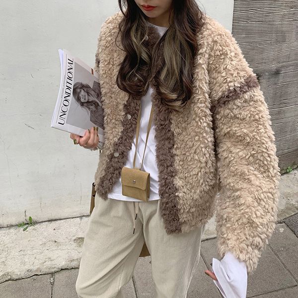 women's fur & faux khaki casual short plush coat colorblock college wind wool young women shaggy jacket teddy 1a05, Black
women's fur & faux khaki casual short plush coat colorblock college wind wool young women shaggy jacket teddy 1a05, Black