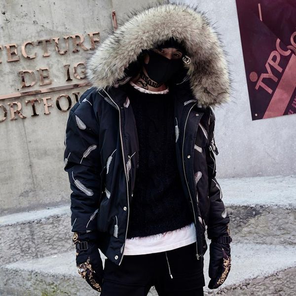men's down & parkas hooded fur collar jacket skinny hip hop feather print parka casual street, Black
men's down & parkas hooded fur collar jacket skinny hip hop feather print parka casual street, Black