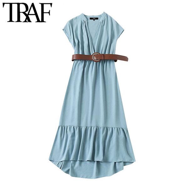 traf women elegant fashion with belt ruffled midi dress vintage v neck short sleeve elastic waist female dresses mujer 210415, Black;gray
traf women elegant fashion with belt ruffled midi dress vintage v neck short sleeve elastic waist female dresses mujer 210415, Black;gray
