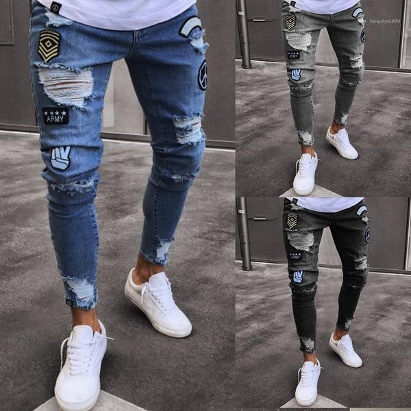 men's jeans knee hole zipper badge feet denim pants, Blue