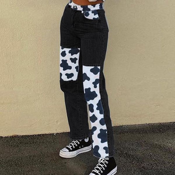 women mid waist straight leg jeans harajuku milk cow print patchwork denim pants zipper button trousers with pockets women's, Blue
women mid waist straight leg jeans harajuku milk cow print patchwork denim pants zipper button trousers with pockets women's, Blue