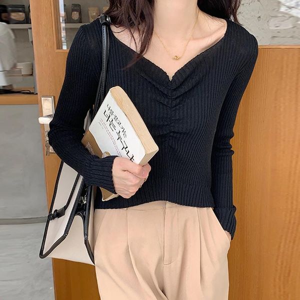 women's sweaters autumn v neck ruched sweater knitted fashion womens 2021 winter for women pullover jumper pull femme, White;black
women's sweaters autumn v neck ruched sweater knitted fashion womens 2021 winter for women pullover jumper pull femme, White;black