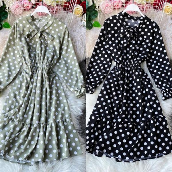 spring dot print women dress elegant ruffle long sleeve bow chiffon elastic waist a-line party vestidos casual dresses, Black;gray
spring dot print women dress elegant ruffle long sleeve bow chiffon elastic waist a-line party vestidos casual dresses, Black;gray
