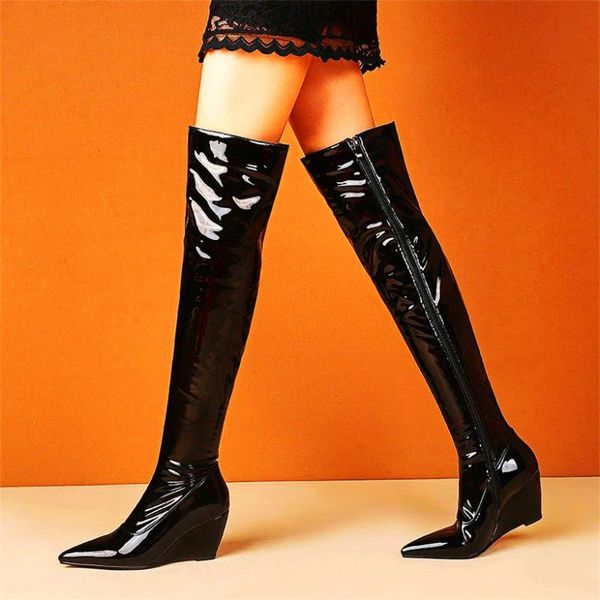 boots long booties women's patent leather over the knee wedge high heels riding party pumps 33 34 44 45, Black 
boots long booties women's patent leather over the knee wedge high heels riding party pumps 33 34 44 45, Black