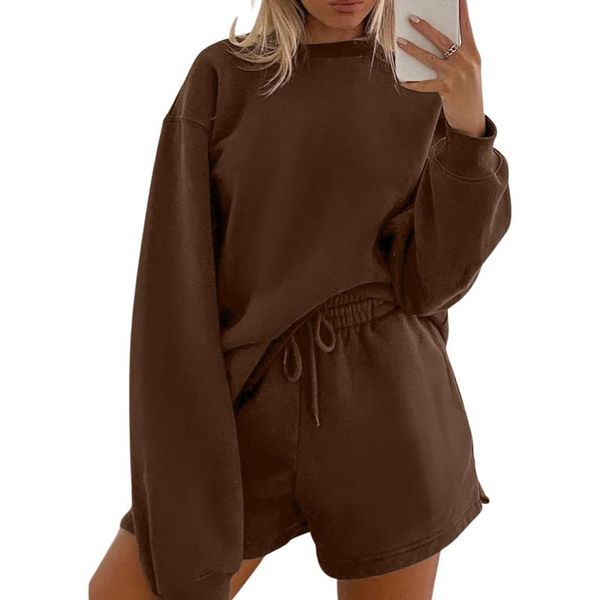 women's tracksuits 2 pieces of sportswear solid color round neck long sleeve sweater high waist drawstring elastic band shorts, Gray
women's tracksuits 2 pieces of sportswear solid color round neck long sleeve sweater high waist drawstring elastic band shorts, Gray