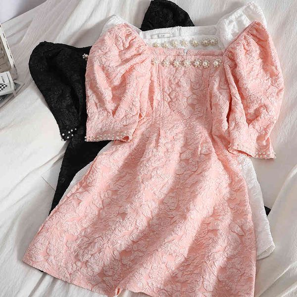 elegant retro beaded square neck puff short-sleeved thin dress spring summer korean wrinkled pattern bag hip female 210420, Black;gray
elegant retro beaded square neck puff short-sleeved thin dress spring summer korean wrinkled pattern bag hip female 210420, Black;gray