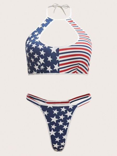 plus american flag print halter lingerie set l2uq#, Black;white