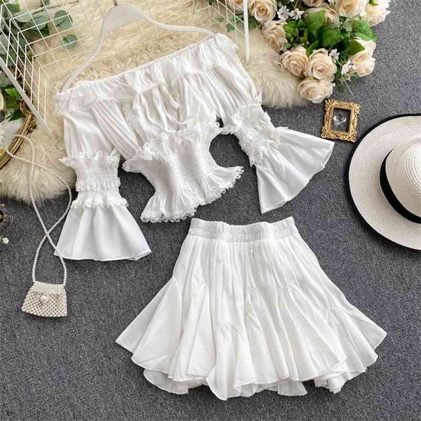 summer women's suit french ruffled shoulder flared sleeve two-piece short solid color high waist skirt ll034 210506, Black;white
summer women's suit french ruffled shoulder flared sleeve two-piece short solid color high waist skirt ll034 210506, Black;white