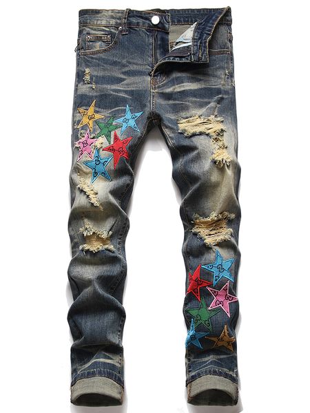 retro stretch slim mens jeans fashion designer ripped hole denim pants men embroidery five-pointed star trousers pantalones de hombre, Blue
retro stretch slim mens jeans fashion designer ripped hole denim pants men embroidery five-pointed star trousers pantalones de hombre, Blue