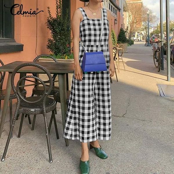 women's jumpsuits & rompers 2021 celmia women fashion wide leg pants vintage plaid sleeveless straps loose playsuit casual pantalon fem, Black;white
women's jumpsuits & rompers 2021 celmia women fashion wide leg pants vintage plaid sleeveless straps loose playsuit casual pantalon fem, Black;white