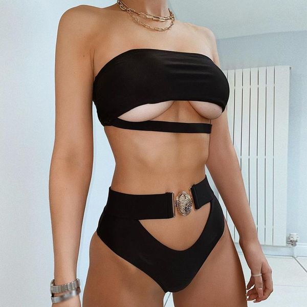 women's swimwear solid bandeau bikini set high cut women hollow out swimsuit female summer beach bathers bathing suit, White;black
women's swimwear solid bandeau bikini set high cut women hollow out swimsuit female summer beach bathers bathing suit, White;black