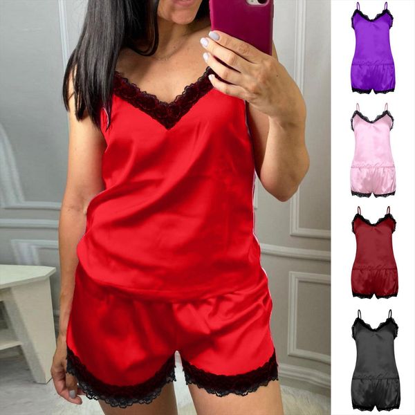 pajamas sleeveless strap nightwear womens sleepwears underwear lingerie pijama lace satin nightie cami pajama sets, Black;red
pajamas sleeveless strap nightwear womens sleepwears underwear lingerie pijama lace satin nightie cami pajama sets, Black;red