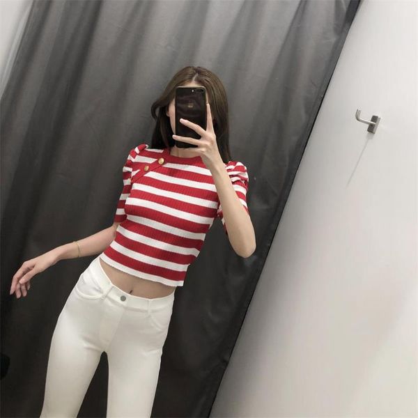 summer european and american women's contrast striped short waist short-sleeve knitwear puffy sleeve sweaters, White;black
summer european and american women's contrast striped short waist short-sleeve knitwear puffy sleeve sweaters, White;black