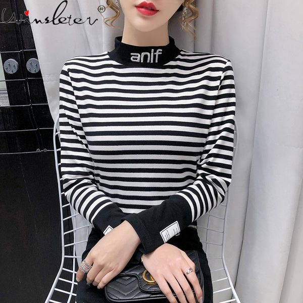 women's t-shirt spring fall korean style fashion mock neck patchwork black white stripe women long sleeve cotton tees 2021 t11008a
women's t-shirt spring fall korean style fashion mock neck patchwork black white stripe women long sleeve cotton tees 2021 t11008a