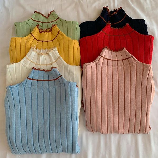half high neck slim knit sweater women's autumn and winter versatile show thin long sleeve sweaters, White;black
half high neck slim knit sweater women's autumn and winter versatile show thin long sleeve sweaters, White;black