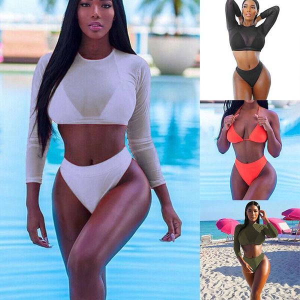 women's swimwear women three piece swimsuit mesh long sleeve bikini set bra+bottom+cover up, White;black 
women's swimwear women three piece swimsuit mesh long sleeve bikini set bra+bottom+cover up, White;black