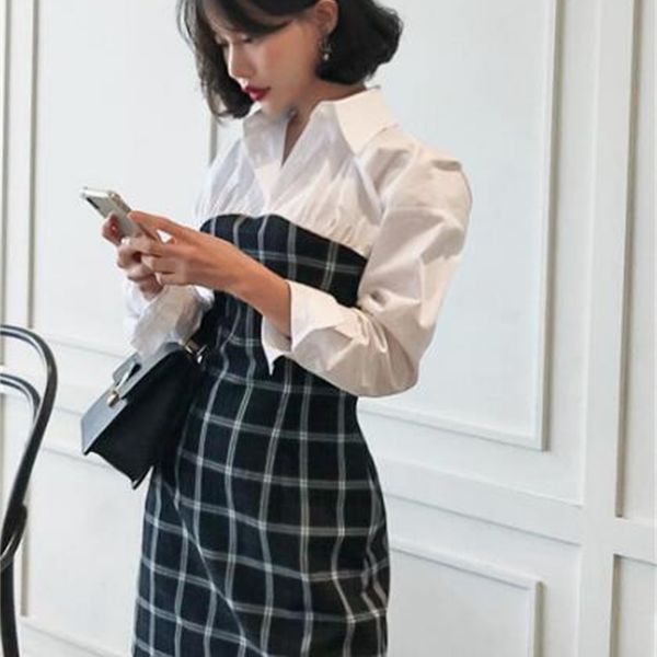 casual dresses korean version of the lapel stitching fake two-piece plaid color long-sleeved dress 4ouv, Black;gray
casual dresses korean version of the lapel stitching fake two-piece plaid color long-sleeved dress 4ouv, Black;gray
