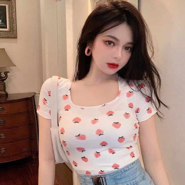 women's t-shirt short sleeve for women summer strawberry print square collar slim tee shirt sexy, White
women's t-shirt short sleeve for women summer strawberry print square collar slim tee shirt sexy, White