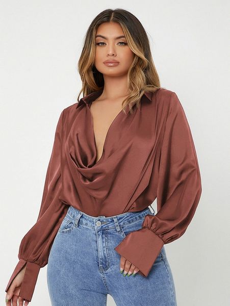 sxy cowl neck lantern sleeve satin s8vw#, White