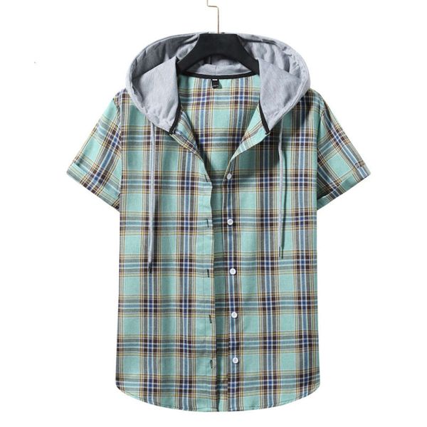 dresses men's hooded plaid short sleeve casual shirt, White;black