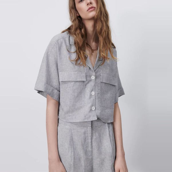 dresses striped cropped summer shirt women short sleeve front flap pockets gray vintage female chic button up casual shirts, Black;gray
dresses striped cropped summer shirt women short sleeve front flap pockets gray vintage female chic button up casual shirts, Black;gray