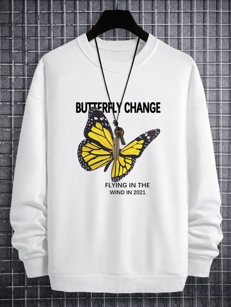 men slogan & butterfly print drop shoulder pullover u4gz#, Black 
men slogan & butterfly print drop shoulder pullover u4gz#, Black