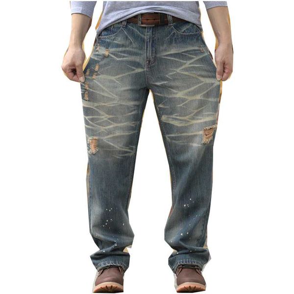 men's pants loose jeans hip hop street casual ripped striped straight leg plus size, Black