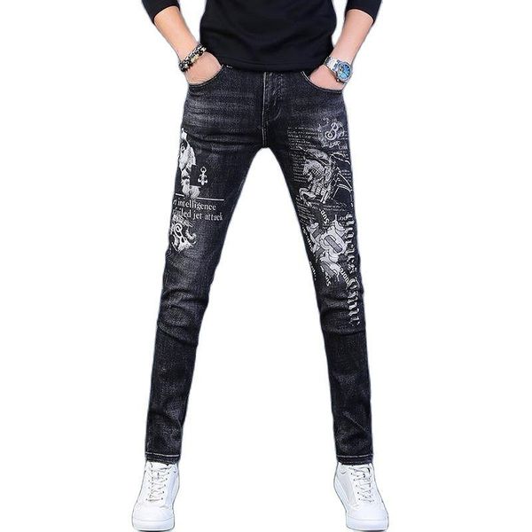 men's jeans high-end 2021 designer stretch black pants printing man's men denim skinny feet trousers, Blue
men's jeans high-end 2021 designer stretch black pants printing man's men denim skinny feet trousers, Blue