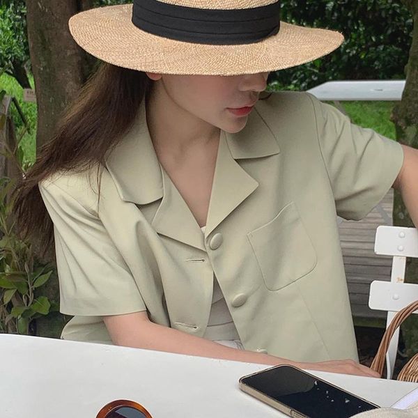 women's suits & blazers korean chic summer niche avocado green white lapel three buttons loose short suit jacket coat, White;black 
women's suits & blazers korean chic summer niche avocado green white lapel three buttons loose short suit jacket coat, White;black