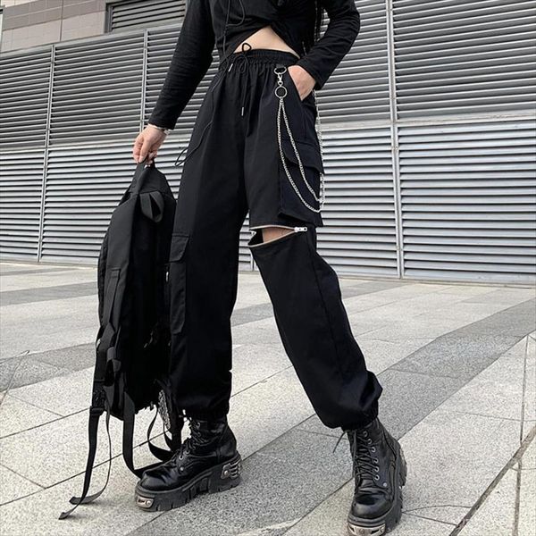 black zipper cargo buckle women pant ribbon pocket elastic waist high streetwear harajuku punk chain female trousers, Black;white
black zipper cargo buckle women pant ribbon pocket elastic waist high streetwear harajuku punk chain female trousers, Black;white