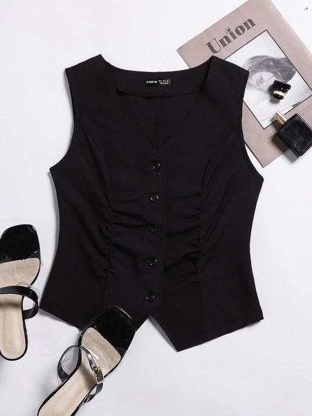 button front ruched vest blazer b26r#, White;black