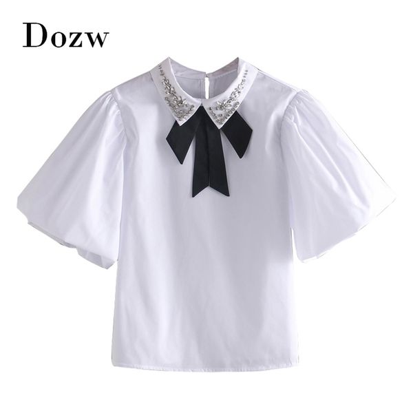 high street white blouse women bow diamonds chic puff short sleeve stylish shirt lady turn down collar loose camisas 210515
high street white blouse women bow diamonds chic puff short sleeve stylish shirt lady turn down collar loose camisas 210515