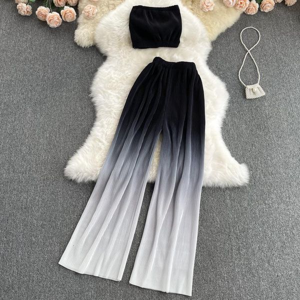 women's two piece pants mujer verano korean fashion suit summer short pleated tube + wide leg trousers two-piece, White
women's two piece pants mujer verano korean fashion suit summer short pleated tube + wide leg trousers two-piece, White