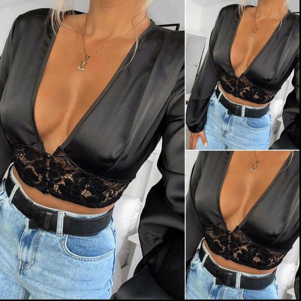 womens blouses women autumn lace hollow out satin silk patchwork button deep v neck crop long sleeve shirts, White
womens blouses women autumn lace hollow out satin silk patchwork button deep v neck crop long sleeve shirts, White