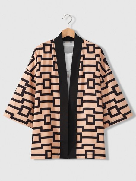 men random geo print drop shoulder open front kimono without tee e6s1#, White;black
men random geo print drop shoulder open front kimono without tee e6s1#, White;black