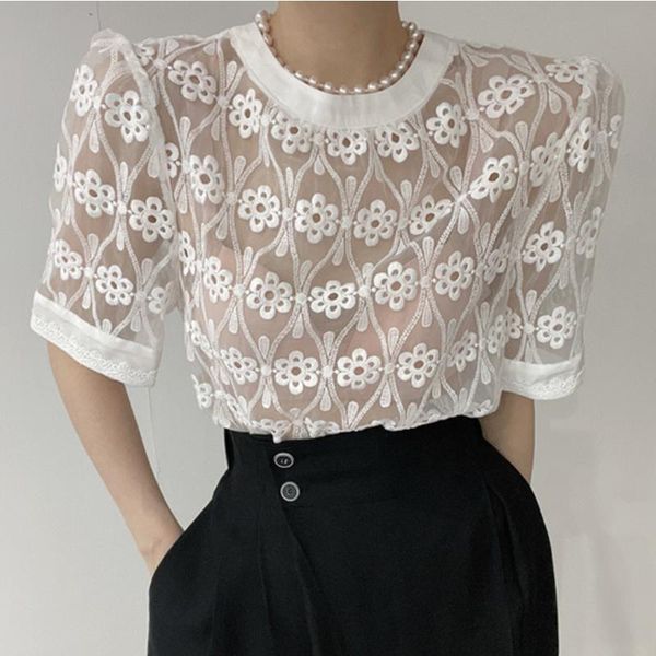 women's blouses & shirts korean chic temperament round neck embroidery perspective organza shirt + button up high waist loose wide leg, White
women's blouses & shirts korean chic temperament round neck embroidery perspective organza shirt + button up high waist loose wide leg, White