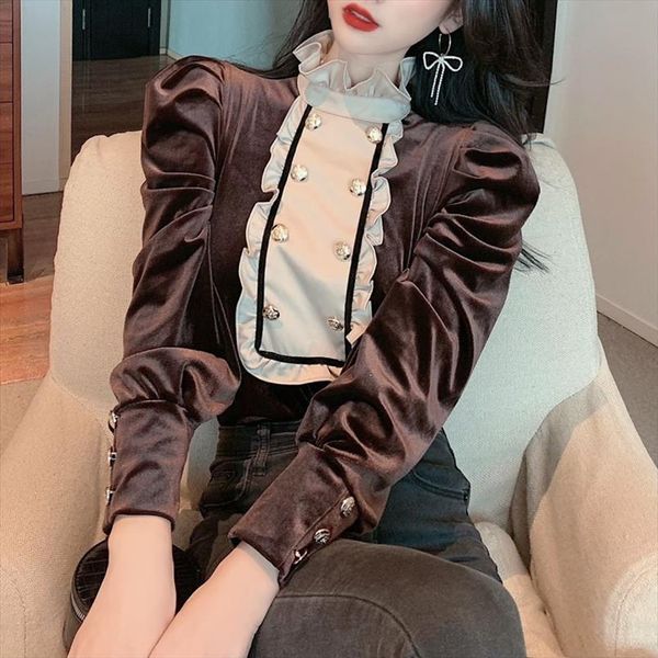 spring temperament vintage velvet womens shirt double breasted contrast color ruffles women stand neck puff sleeve chic female, White
spring temperament vintage velvet womens shirt double breasted contrast color ruffles women stand neck puff sleeve chic female, White