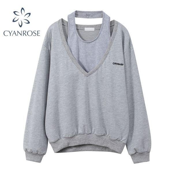2 pieces sets sweatshirt women spring halter collar camisole+v neck loose oversized sportswear outer streetwear outfits 210515, Black
2 pieces sets sweatshirt women spring halter collar camisole+v neck loose oversized sportswear outer streetwear outfits 210515, Black