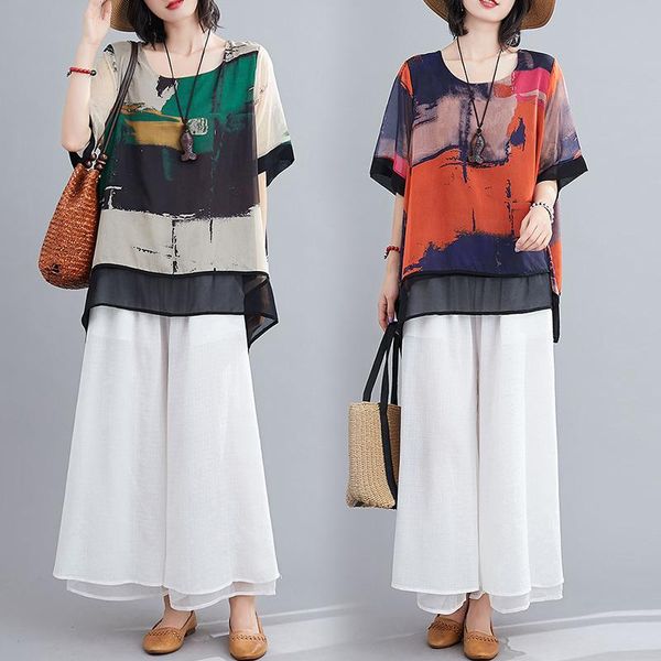 women's two piece pants 2021 summer fashion plus size set pieces print chiffon a-line short sleeves tshirt loose suit wide legged, White
women's two piece pants 2021 summer fashion plus size set pieces print chiffon a-line short sleeves tshirt loose suit wide legged, White