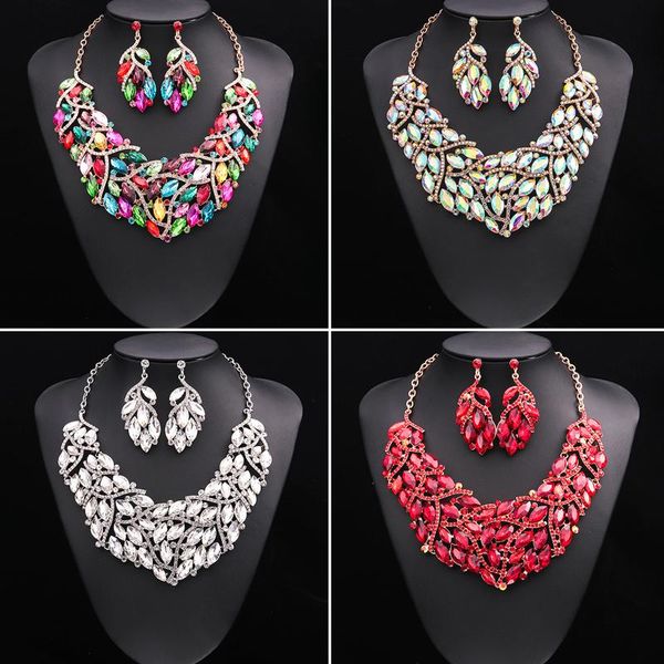 earrings & necklace women bridal jewelry sets wedding earring for brides bridesmaid party accessories leaf crystal decoration gift, Silver