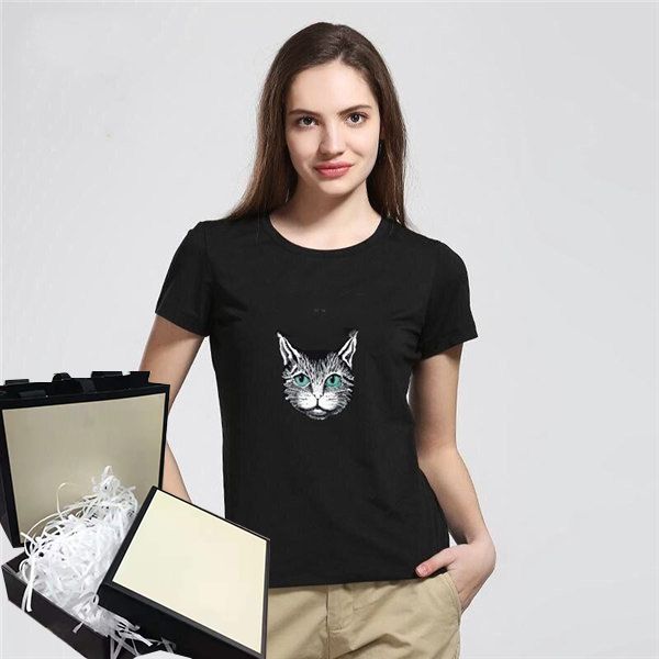 women t shirts letters printed with cat pattern ees for lady slim style short sleeves summer breathable shirts, White
women t shirts letters printed with cat pattern ees for lady slim style short sleeves summer breathable shirts, White