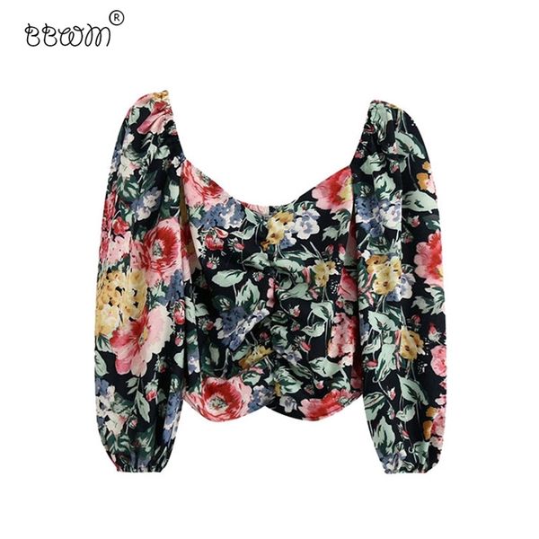 women vintage floral print ruched cropped blouses square collar puff sleeve shirts female chic 210531, White
women vintage floral print ruched cropped blouses square collar puff sleeve shirts female chic 210531, White